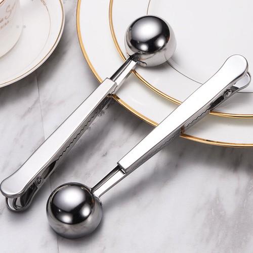 New Stainless Steel Ground Coffee Measuring Scoop Spoon With Bag Seal Clip - Picture 8 of 25