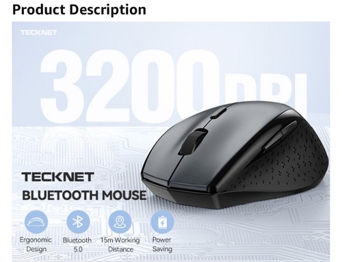 TECKNET Bluetooth Mouse, 3200DPI Wireless Mouse, Cordless Mice Ergonomic 01308 - Picture 7 of 10