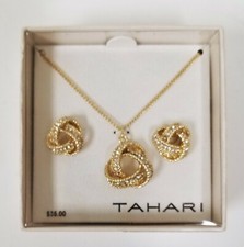 NEW TAHARI GOLD TONE,CRYSTALS,SET OF 2 EARRINGS+CHAIN CHARM KNOTTED NECKLACE 