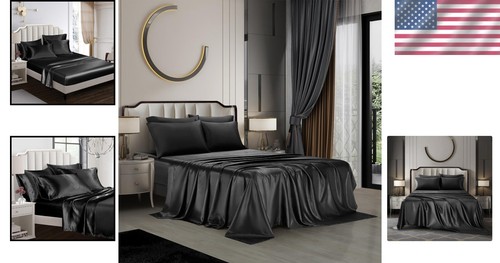 Juego de sábanas de satén tamaño king de lujo de 4 piezas - bolsillo profundo y negro súper sedoso - Imagen 2 de 9