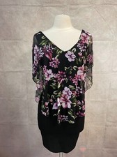 Love Women's Black Connected Sheath Dress Colorful Floral Chiffon Pullover Sz M