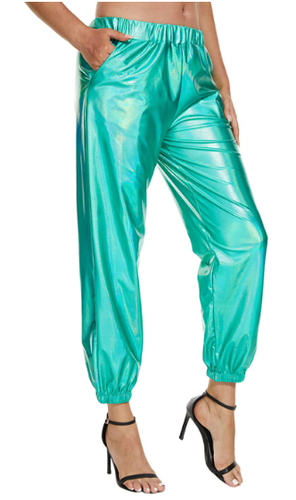 Pantalones Jogger Metálicos Brillantes Informales Cintura Alta Harén Holográfico Color Cadera MEDIANOS - Imagen 3 de 4