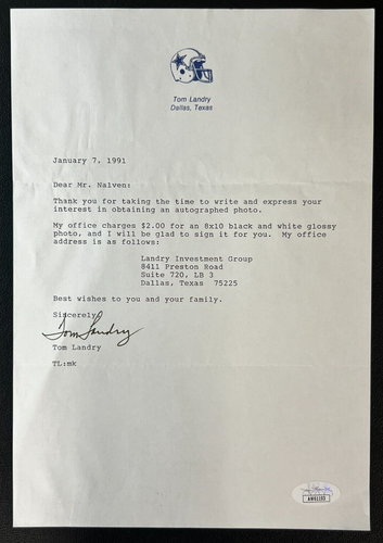 Tom Landry Signed Letter JSA Cert AUTO Coach NFL Dallas Cowboys Letterhead - Picture 2 of 4