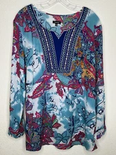 J.Peterman Top Womens Medium Tunic Embroidered Beaded Sequin Boho Colorful Artsy