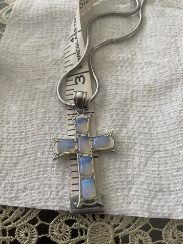 Silver Tone 24” Chain With Opalite Crystal Cross Stainless Steel - Picture 6 of 14