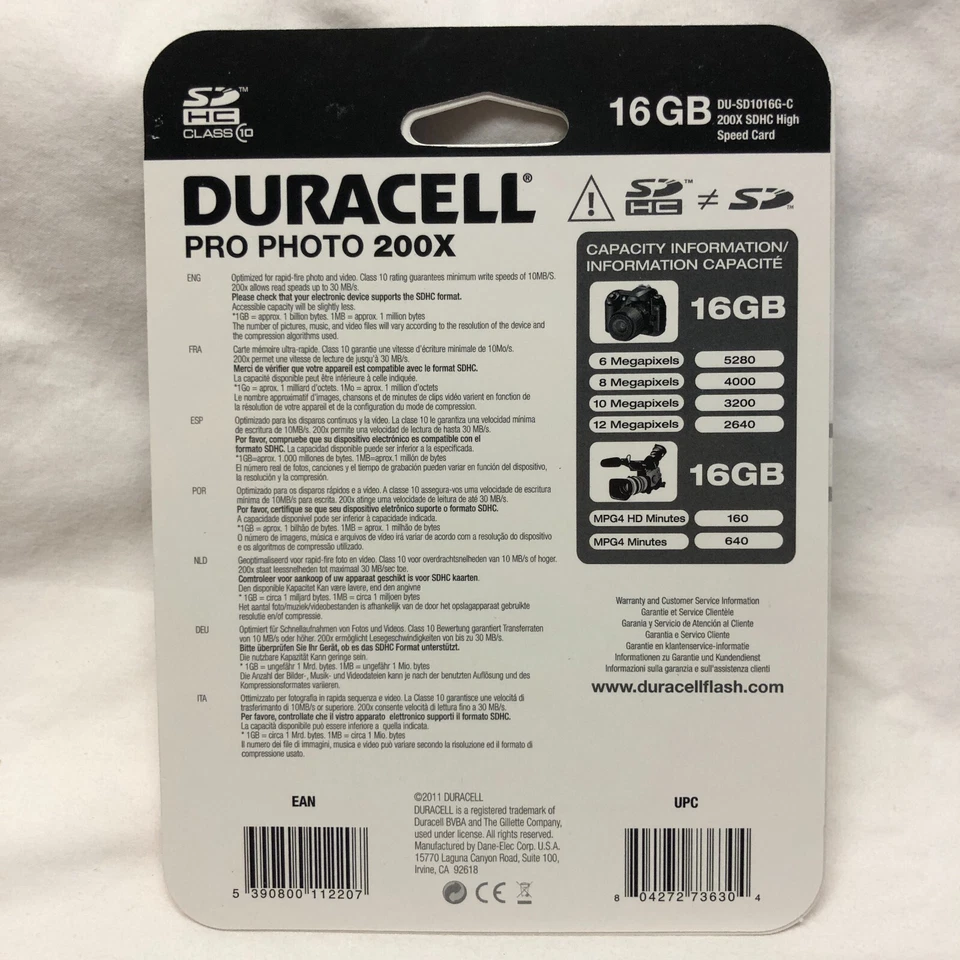 Duracell DU-SD1016G-C 16GB Pro Photo 200x Secure Digital HC Class 10 SDHC Memory - Image 2 of 2