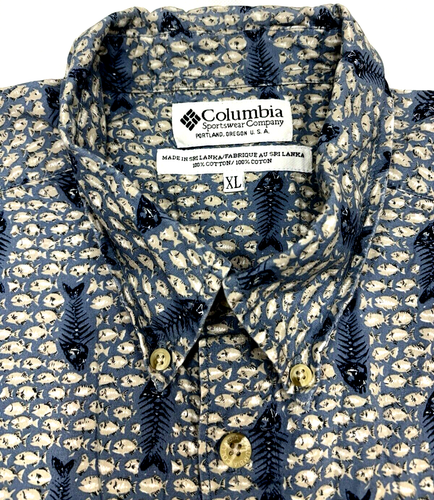 Columbia Men's XL Button Down Shirt Fish Bone Graphic SS Camping Pocket Party - Picture 2 of 8