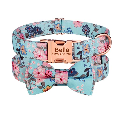 Personalized Dog Collar with Bow Blue Flower Custom Engraved Name ID Tag Large M - Bild 13 von 17
