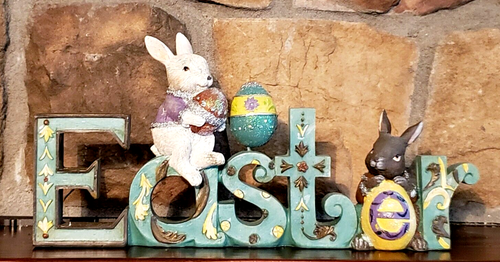 NWT 12" Hand Painted EASTER sign Bunnies & Eggs Spring Table Shelf Decoration - Picture 2 of 12