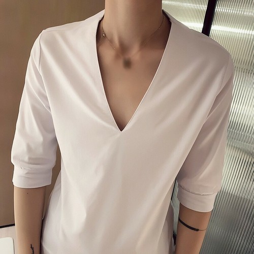 Herren Uni V-Ausschnitt T-Shirt Tops Halbarm Freizeit Slim Fit Sommer T-Shirts Freizeit B - Bild 6 von 12