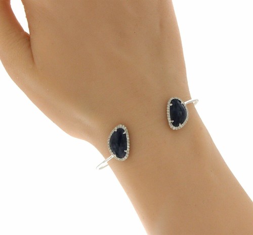 Sliced 5.78 CT Natural Blue Sapphire 0.35 CT Diamonds 14K White Gold Bangle - Picture 3 of 5