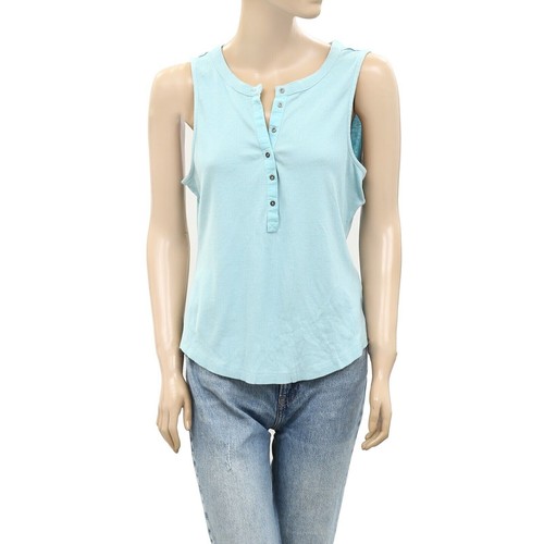 Pilcro Anthropologie Ribbed Henley Tee Tank Top Sky Sleeveless Solid L 264149 - Picture 4 of 8