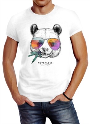 Neverless  Herren T-Shirt Panda Bär Aufdruck Tiermotiv mit Sonnenbrille Fashion