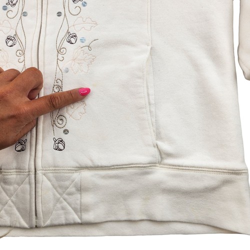 White Embroidered Sequin Sweater Womens Large Acorn Leaves Fall Fleece Full Zip - Bild 15 von 16
