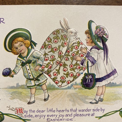 Antique Happy Easter Postcard Two Girls Carrying Box w/ Bunny Rabbit Old P6c - Picture 5 of 12