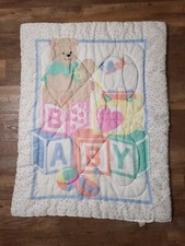 Pastel Teddy Bear Blocks Comforter Crib Quilt Blanket VTG