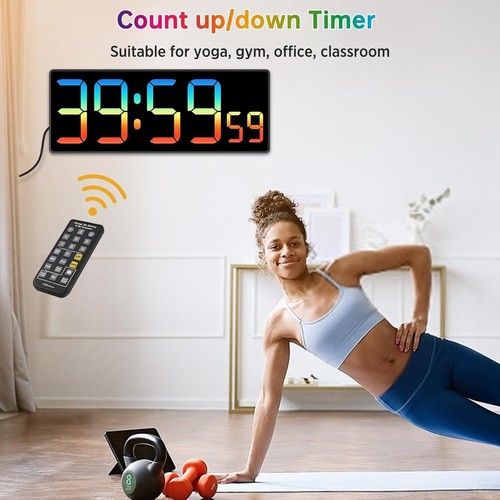 Digital Wall Clock with Remote Countdown Timer 8 RGB Colors Large Display - Picture 4 of 7
