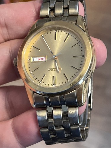 7n43-0am0 Seiko Gold tone watch gold dial men's stainless band new battery - Picture 10 of 12