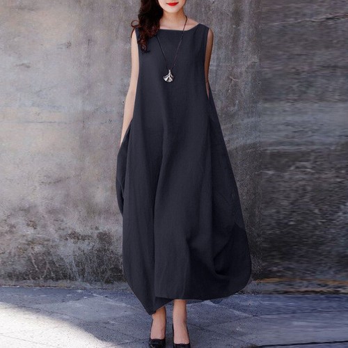 Womens Casual Round Neck Cotton Linen Sleeveless Pockets Summer Loose Dress Gown - Bild 12 von 27