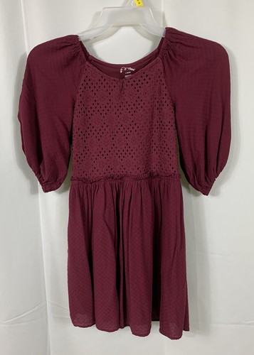 Art Girl's Dress Size L(10-12) Maroon 3/4 Sleeves Lined Eyelet Elastic Waist
