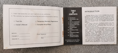 KAWASAKI OWNERS WARRANTY BOOK 1974 - Picture 2 of 4