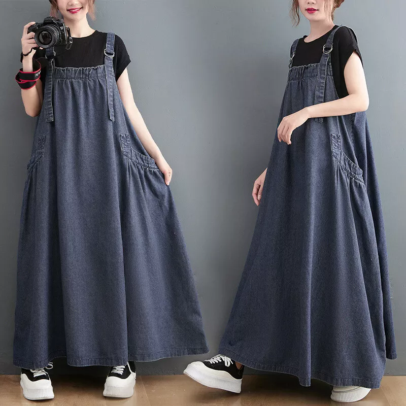 UK Womens Casual Strap Denim Pinafore Dress Long Maxi Dungaree Dresses Plus  Size