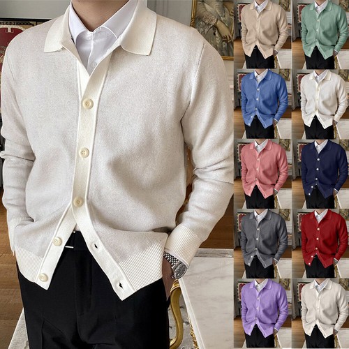 Cárdigan de punto informal para hombre suéter de manga larga color liso cálido abrigo con botones EE. UU. - Imagen 1 de 22