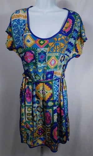 TRINA TURK Bright Multi Aztec Print Short Sleeve Self Belt Silk Dress Sz 6 - Picture 2 of 6