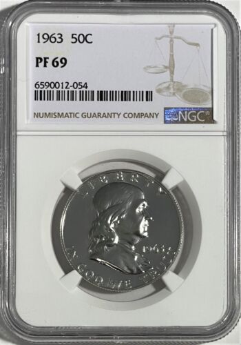 1963 P NGC PF69 SILBERPROOF BEN FRANKLIN HALBER DOLLAR 50c 90 % SILBER WEISS ETIKETT - Bild 3 von 3