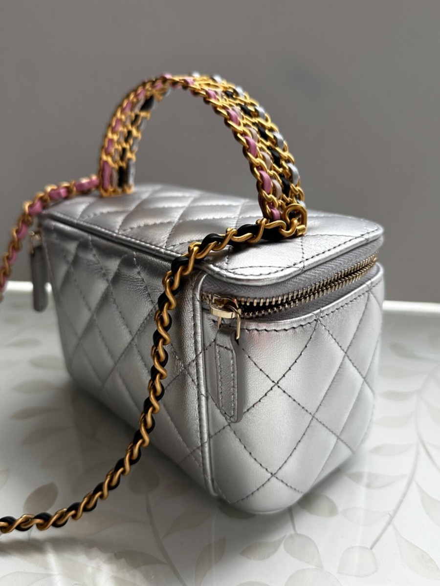 23P New CHANEL Vanity Gold CHAIN Top Handle Silver Lambskin 23P New CHANEL Vanity Gold CHAIN Top Handle Silver Lambskin