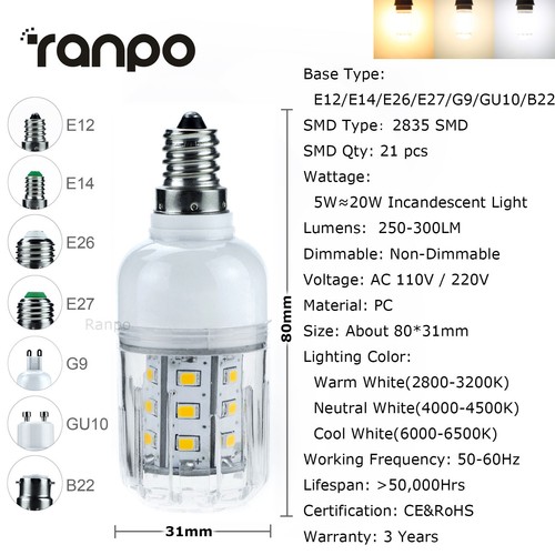2835 SMD LED Corn Light E14 E27 G9 GU10 B22 5W 6W 9W 12W 15W Lamp Bulb 220V 240V - Picture 3 of 15
