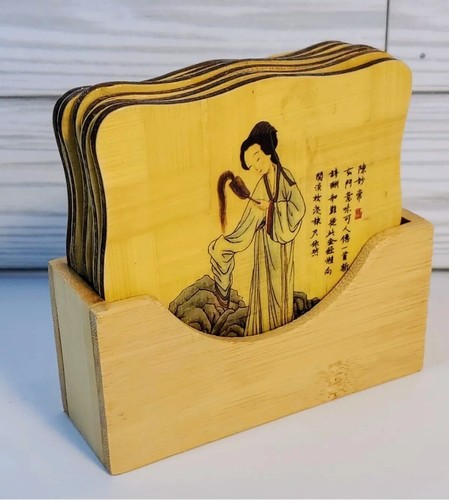 Japanese Geisha Woman Theme Natural Bamboo Coasters  With Holder Set of 6 - Afbeelding 6 van 9