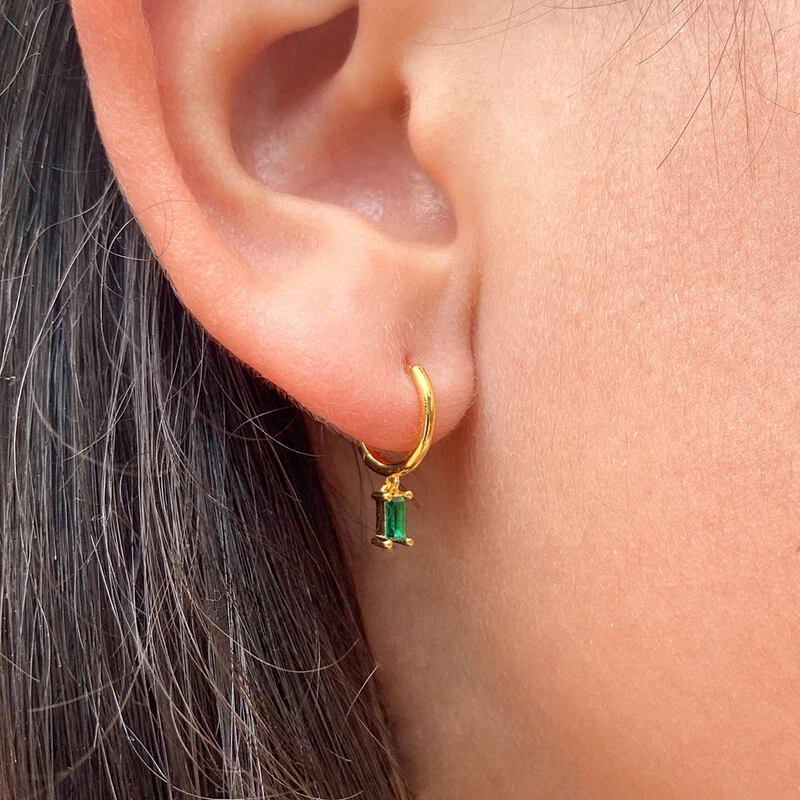 Single Hoop Earring Emerald Baguette CZ sterling silver hoops huggies green