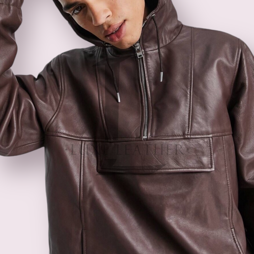 Men's Brown Leather Hoodie Genuine Lambskin Leather Handmade Front Pocket Hoodie - Picture 2 of 12