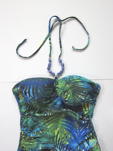 Chaps Ralph Lauren Green Blue Floral Beaded Halter One Piece Swimsuit Women 8/L - Picture 3 of 11