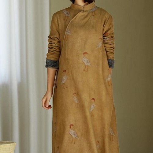 Abito donna retrò Cheongsam Qipao etnico cotone lino foderato pile midi caldo nuovo - Foto 7 di 14