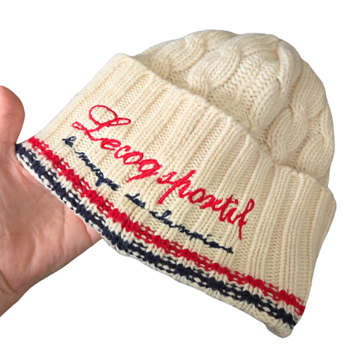 VTG Le Coq Sportif Knit Beanie Wool Cap Hat RARE Brimmed Cuffed ECRU, RED, BLUE - Picture 2 of 15