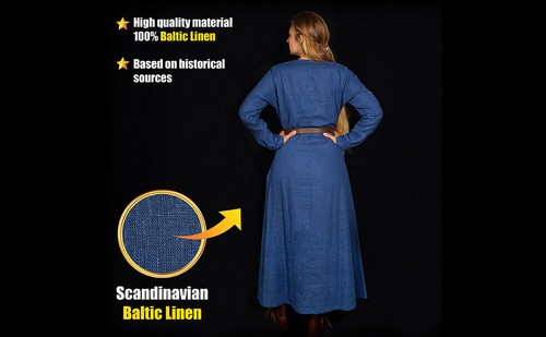 Viking Helga Linen Dress Medieval Renaissance Fair LARP Cosplay Reenactment Blue - Picture 10 of 13