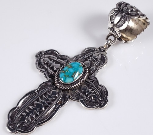Terry Martinez Navajo Sterling Silver Cross Pendant Kingman Turquoise Handmade - Picture 6 of 8