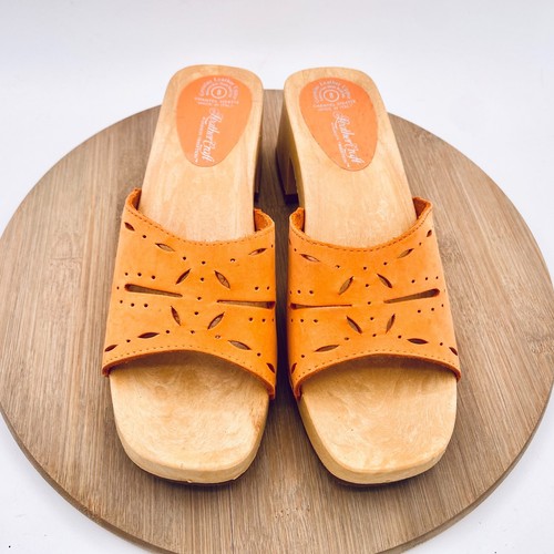 Handmade Wooden Sandals Womens 8 Orange Leather Chunky Heels Italy - Picture 3 of 11