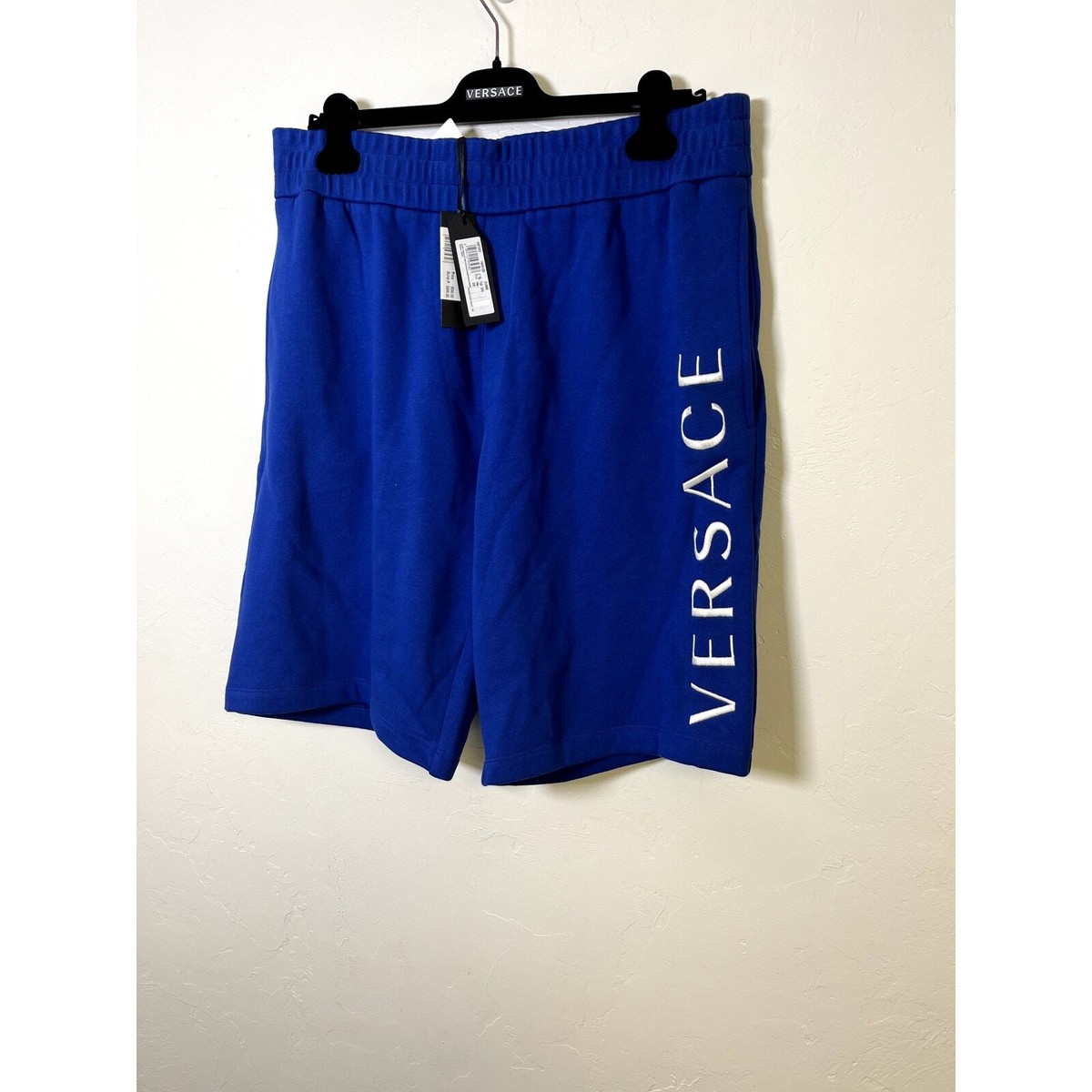 VERSACE｜TRAINING PANTS (Logo Sweat Shorts (78GADT05 CF0 Versace Men's Blue White Logo Print Cotton Fleece Gauze
