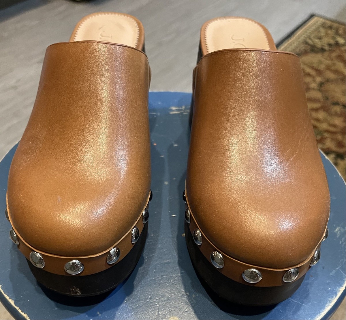 J.Crew NWOT Brown Leather Clog Mules Studded Wood Platform Size 12  70’ vibe Convertible Leather Clogs For Women | J.Crew main image 4