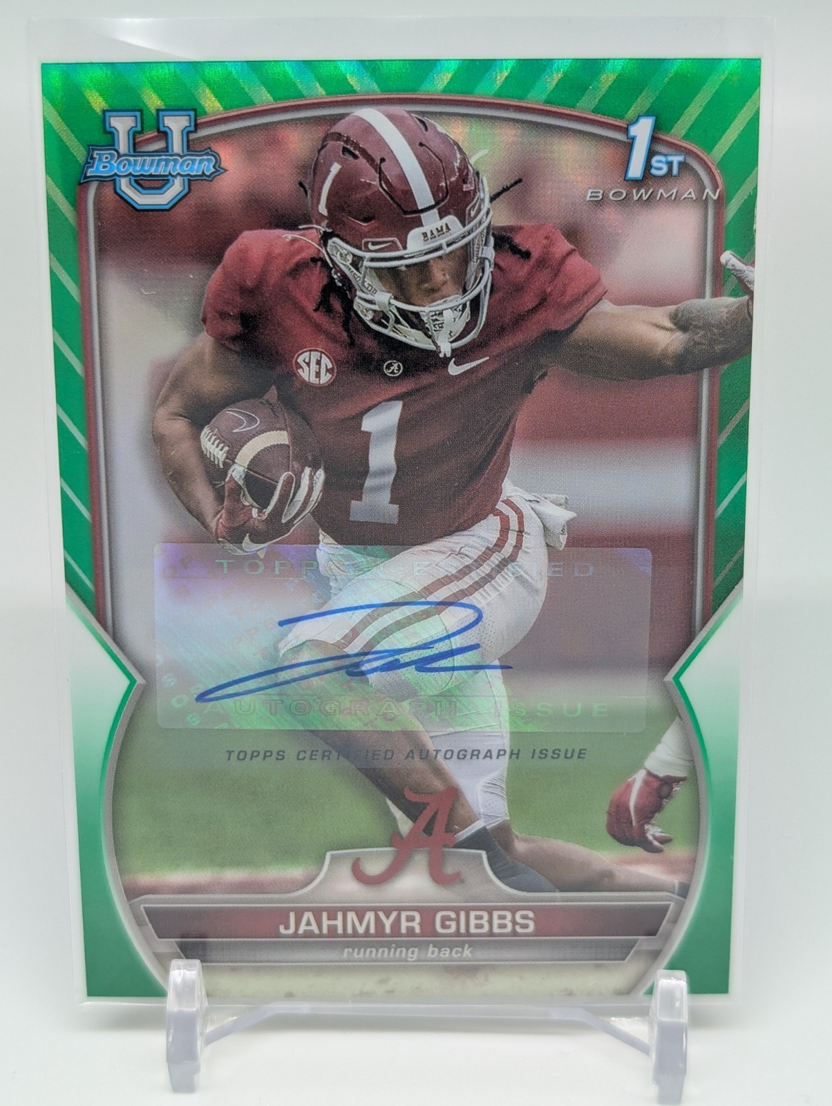 2022 Bowman Chrome University #82 Jahmyr Gibbs Auto /99 Green Refractor Card