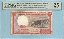 Malaya & British Borneo 10 Dollars - 1.3.1961 - P#9a - PMG 25