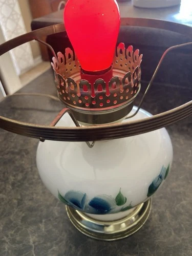 Vintage Gone with the Wind  Hurricane Lamp Milk Glass Blue Floral 9x8” Fitter