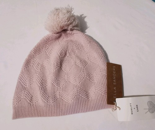NWT ELLA SANDERS Sz OS Kids Bone Wool Knit Wave Ribbed Pom Pom Beanie - Picture 2 of 6