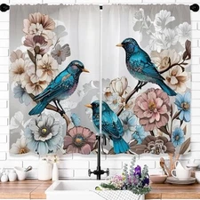 s Flower Kitchen Curtains Vintage Boho 26"W x 36"L (Pack of 2) Blue Bird
