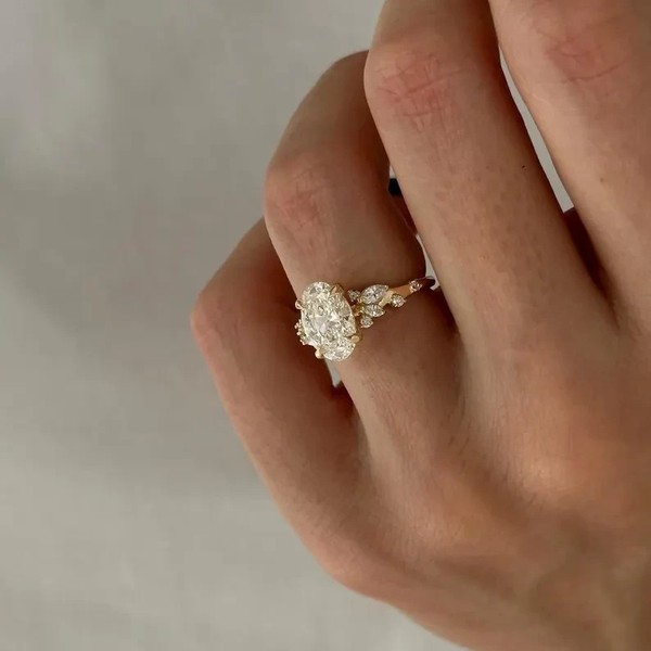 Alternate view of 1.60ct Oval Lab Created Diamond Unique Leaf Wedding Ring 14k Yellow Gold Plated