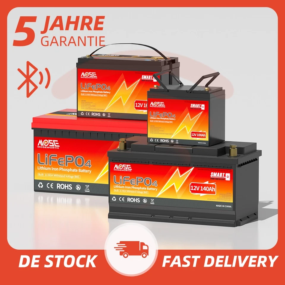 MOSEWORTH 12V 100Ah 140Ah 168Ah LiFePO4 Bluetooth Lithium Batterie BMS Wohnmobile Solar RV