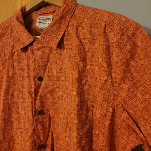 Vintage LL Bean Shirt Mens L Orange Aztec Tribal Print Canvas Button Front Camp - Picture 7 of 10
